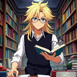 In an anime style, a studious young man with long blond hair and tan skin is depicted wearing a dark waistcoat