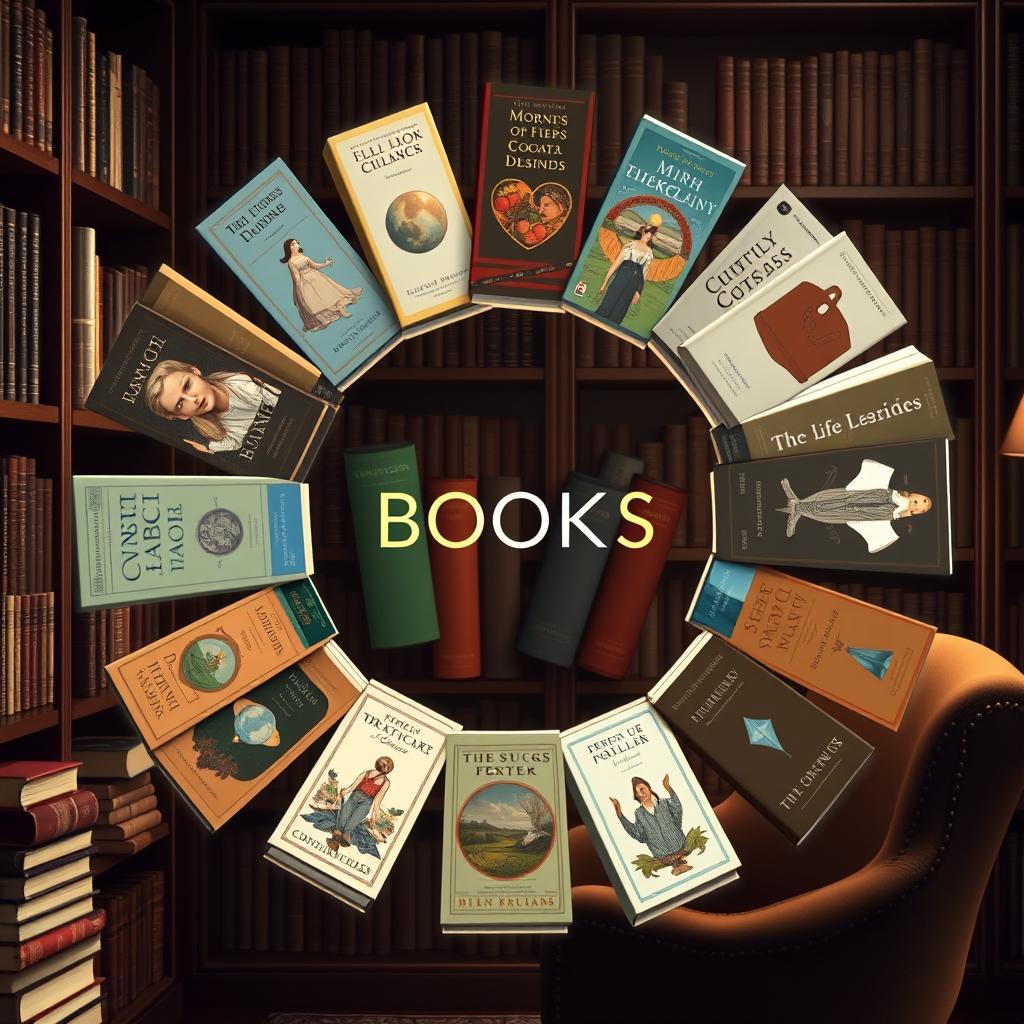 A composition featuring the 18 most famous books in the world arranged in a unique artistic manner
