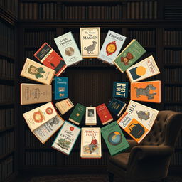 A composition featuring the 18 most famous books in the world arranged in a unique artistic manner