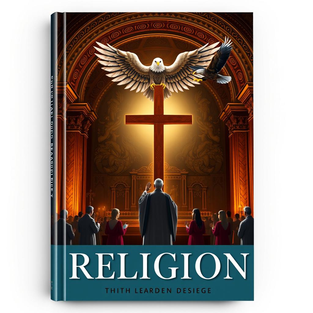 Design a book cover featuring a cross symbolizing religion, a priest, and people praying inside a religious temple