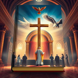 Design a book cover featuring a cross symbolizing religion, a priest, and people praying inside a religious temple