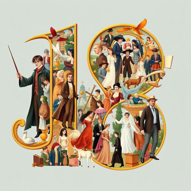 A large, ornate number eighteen, filled with illustrated depictions of famous literary characters