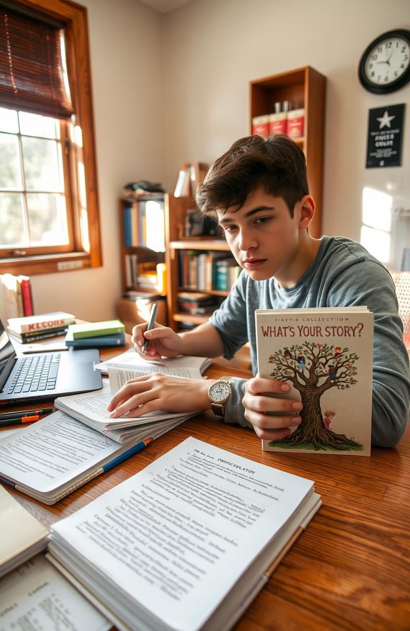 A high school English student diligently taking notes on the short story collection titled "What's Your Story?"