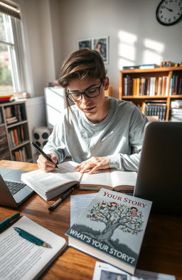 A high school English student diligently taking notes on the short story collection titled "What's Your Story?"