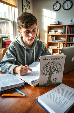 A high school English student diligently taking notes on the short story collection titled "What's Your Story?"