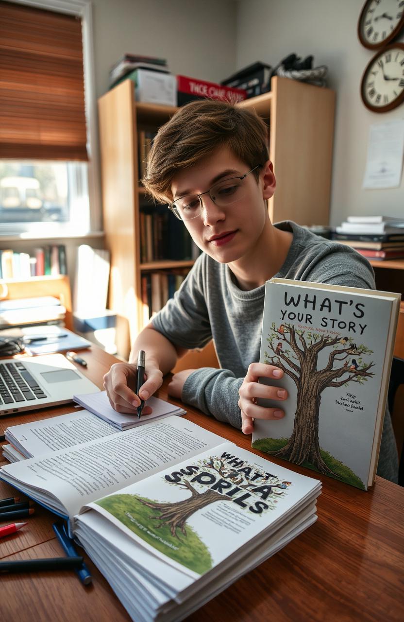 A high school English student diligently taking notes on the short story collection titled "What's Your Story?"