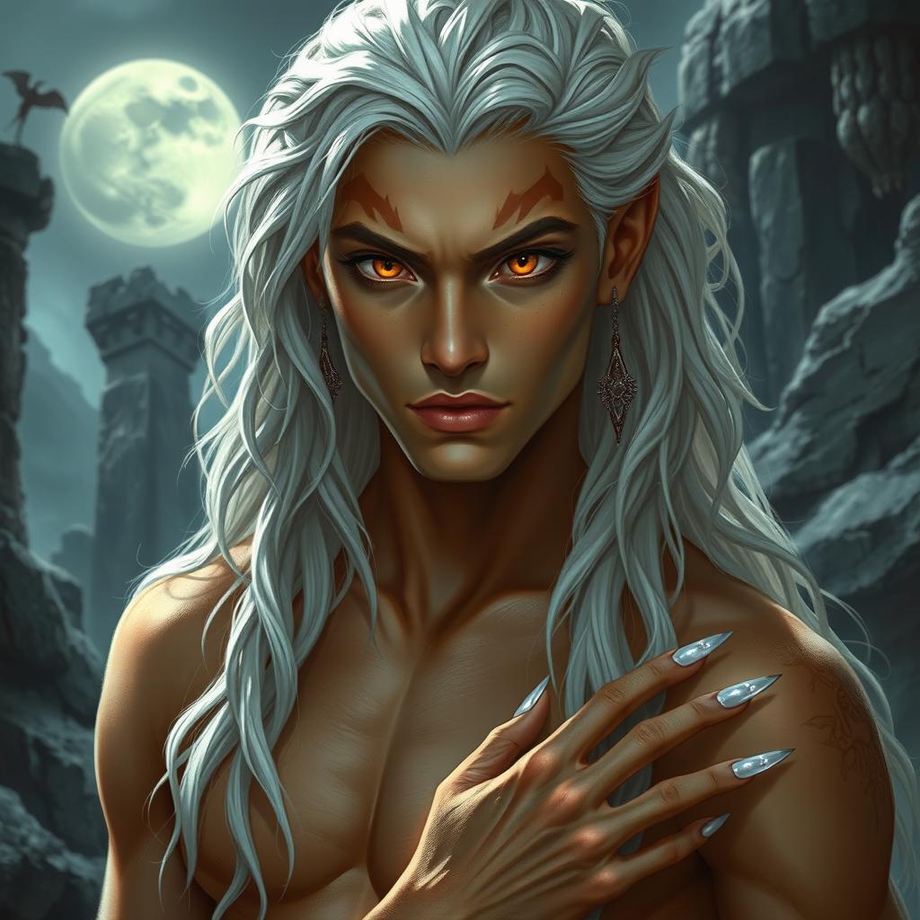 A young male Nephilim, characterized by his striking amber eyes and tan skin, with long wavy white hair cascading down