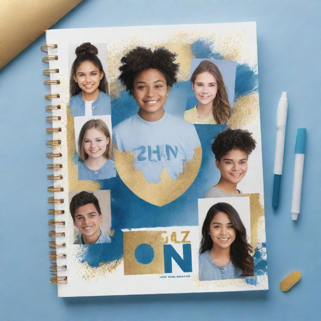 Design an adorable, modern Gen Z-inspired yearbook cover featuring shades of blue and gold.