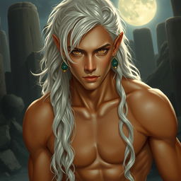 A young male Nephilim, characterized by his striking amber eyes and tan skin, with long wavy white hair cascading down