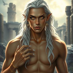 A young male Nephilim, characterized by his striking amber eyes and tan skin, with long wavy white hair cascading down