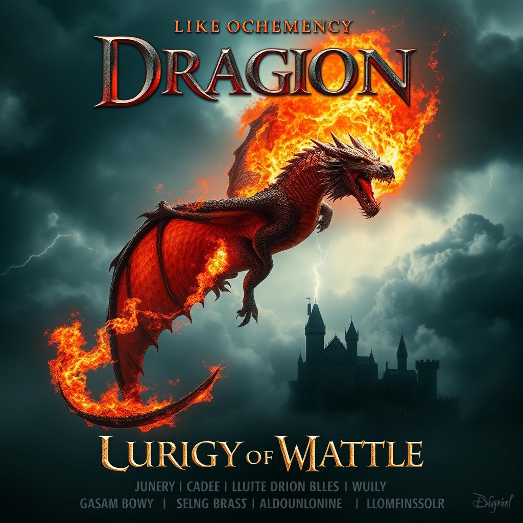 A cinematic and dramatic movie poster featuring a fierce fire-breathing dragon soaring through a stormy sky