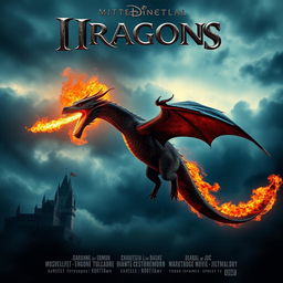 A cinematic and dramatic movie poster featuring a fierce fire-breathing dragon soaring through a stormy sky