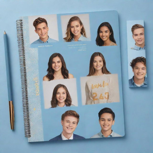 Design an adorable, modern Gen Z-inspired yearbook cover featuring shades of blue and gold.