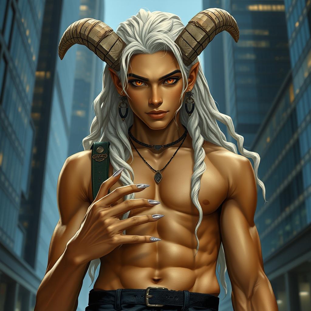 A young male Nephilim with striking amber eyes and tan skin, possessing long wavy white hair adorned with multiple earrings