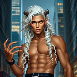 A young male Nephilim with striking amber eyes and tan skin, possessing long wavy white hair adorned with multiple earrings