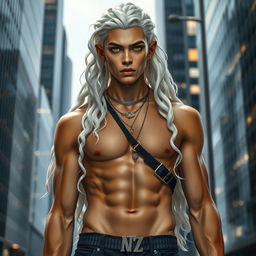 A young male Nephilim with striking amber eyes and tan skin, possessing long wavy white hair adorned with multiple earrings