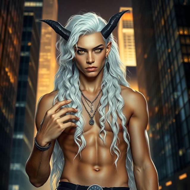 A young male Nephilim with striking amber eyes and tan skin, possessing long wavy white hair adorned with multiple earrings