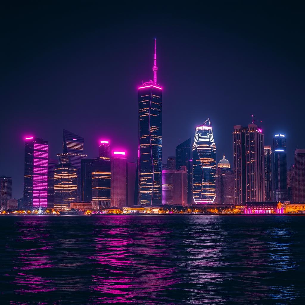 A breathtaking city skyline illuminated by a creative blend of black and neon pink lights reflecting in the windows of skyscrapers