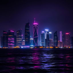 A breathtaking city skyline illuminated by a creative blend of black and neon pink lights reflecting in the windows of skyscrapers