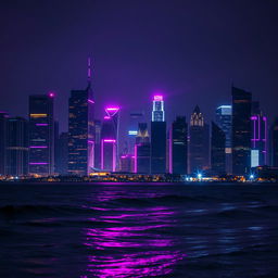 A breathtaking city skyline illuminated by a creative blend of black and neon pink lights reflecting in the windows of skyscrapers