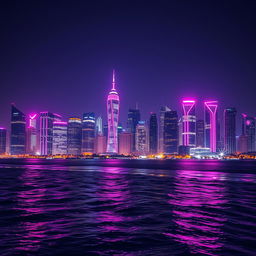 A breathtaking city skyline illuminated by a creative blend of black and neon pink lights reflecting in the windows of skyscrapers