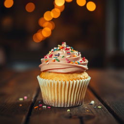 A picturesque cupcake decorated elegantly with colorful sprinkles under soft ambient lighting, sitting atop a rustic wooden table