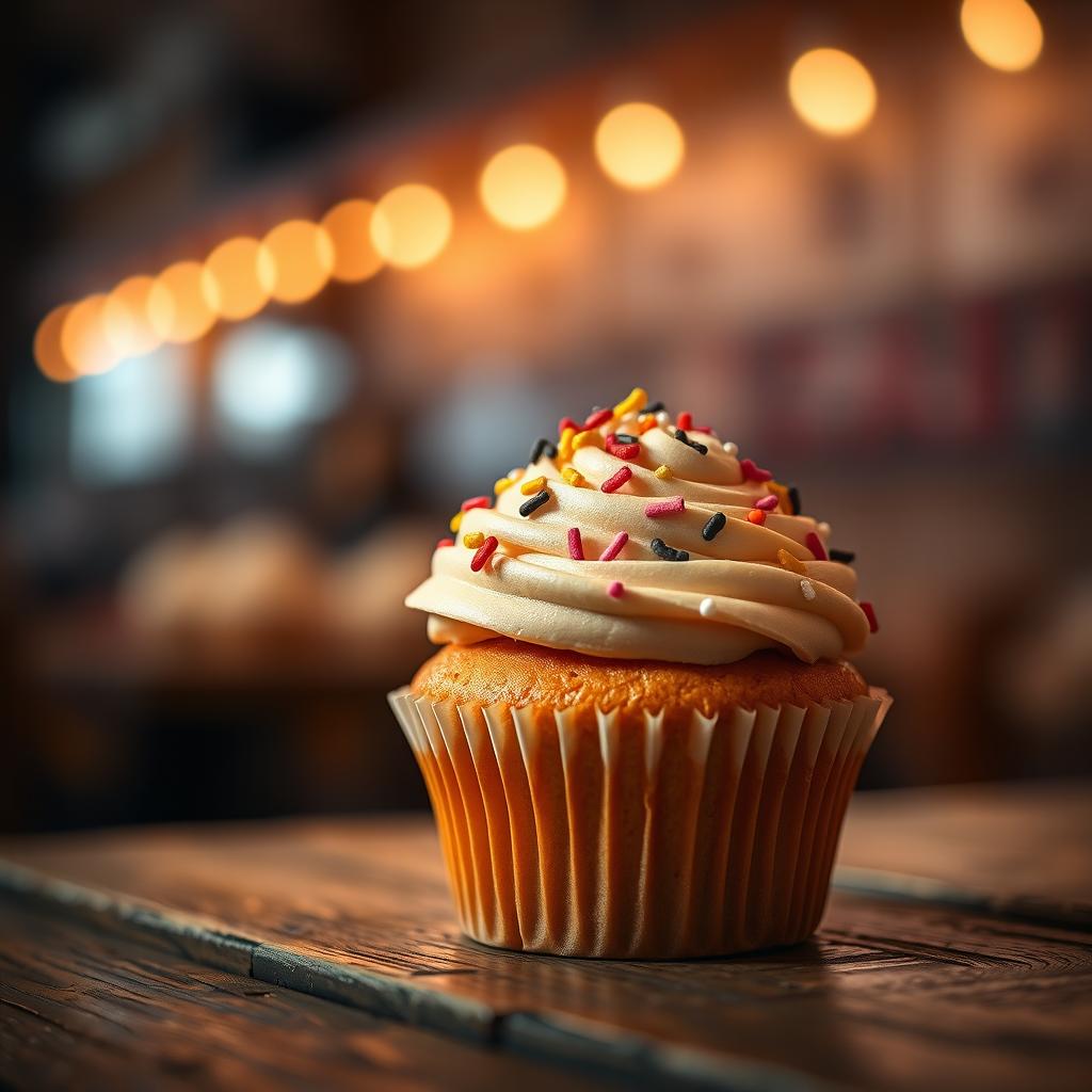 A picturesque cupcake decorated elegantly with colorful sprinkles under soft ambient lighting, sitting atop a rustic wooden table