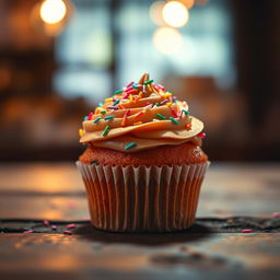 A picturesque cupcake decorated elegantly with colorful sprinkles under soft ambient lighting, sitting atop a rustic wooden table