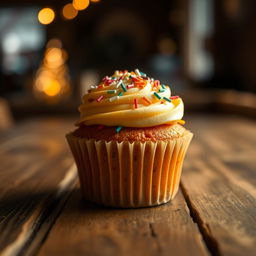 A picturesque cupcake decorated elegantly with colorful sprinkles under soft ambient lighting, sitting atop a rustic wooden table