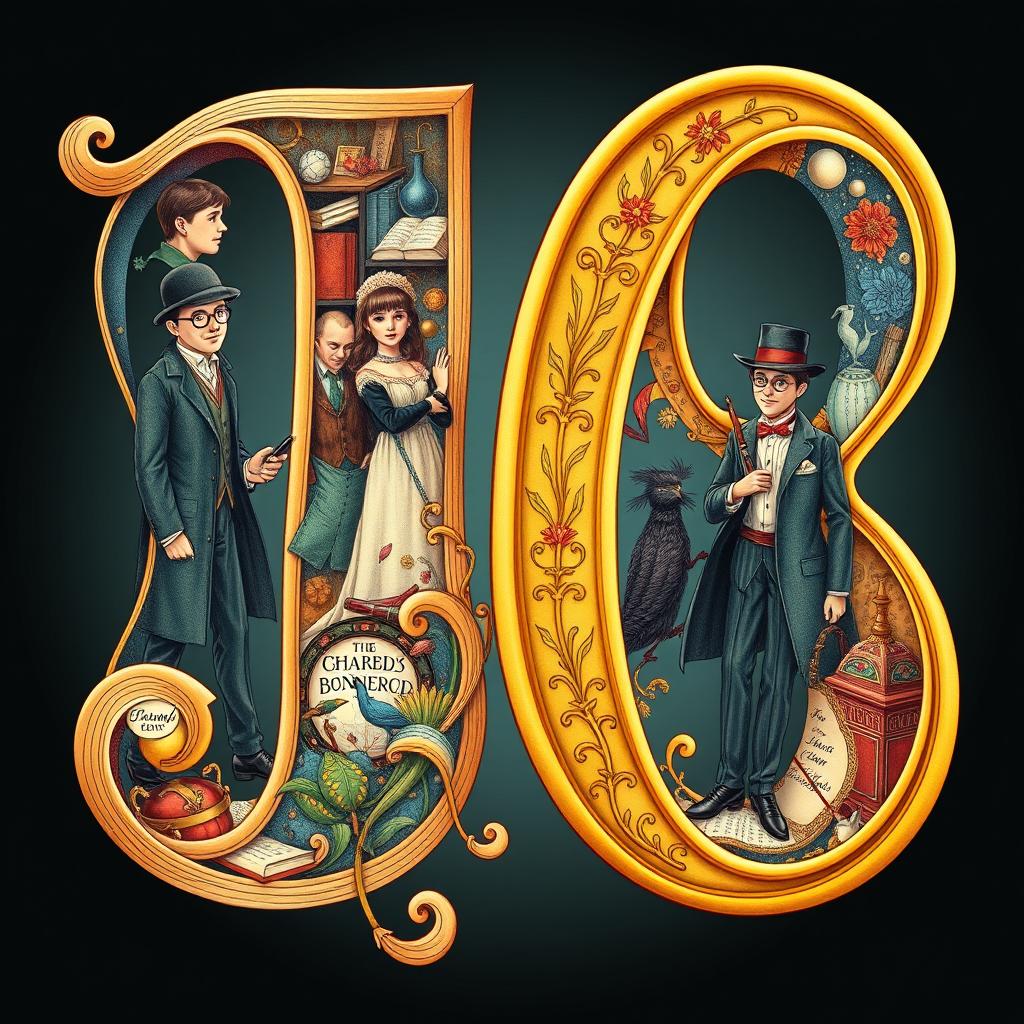 A visually stunning and elongated number 18, with intricate details and vibrant colors, where inside the numbers are the most famous book characters