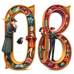 A visually stunning and elongated number 18, with intricate details and vibrant colors, where inside the numbers are the most famous book characters