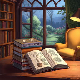 Illustrated scene of a small stack of enchanting books titled 'Short and Sweet Stories' with one book open, pages glowing with charm, depicting whimsical tales and magical illustrations