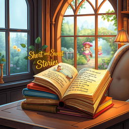 Illustrated scene of a small stack of enchanting books titled 'Short and Sweet Stories' with one book open, pages glowing with charm, depicting whimsical tales and magical illustrations