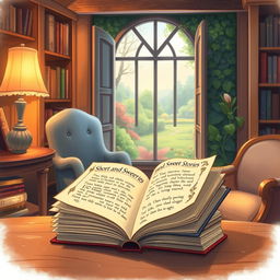 Illustrated scene of a small stack of enchanting books titled 'Short and Sweet Stories' with one book open, pages glowing with charm, depicting whimsical tales and magical illustrations