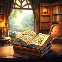 Illustrated scene of a small stack of enchanting books titled 'Short and Sweet Stories' with one book open, pages glowing with charm, depicting whimsical tales and magical illustrations