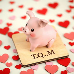 A small pink pig, adorably cute, sitting on a wooden 3D puzzle