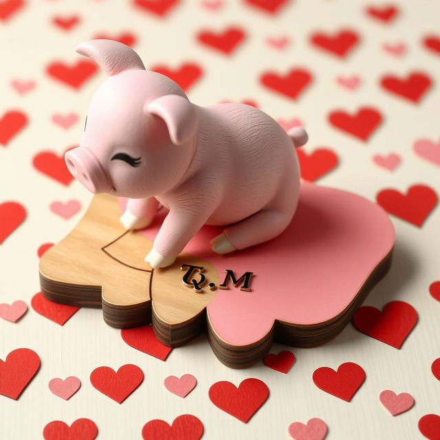 A small pink pig, adorably cute, sitting on a wooden 3D puzzle