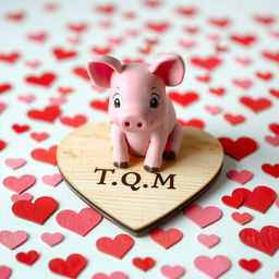 A small pink pig, adorably cute, sitting on a wooden 3D puzzle