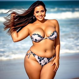 A voluptuous and attractive woman with a curvy figure, confidently showcasing her beauty in a stylish bikini