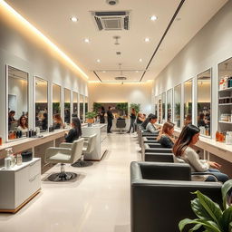 A modern and stylish hair salon interior featuring sleek, minimalist furniture