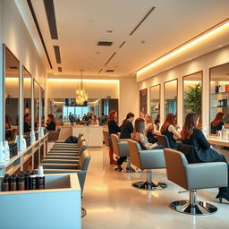 A modern and stylish hair salon interior featuring sleek, minimalist furniture