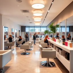 A modern and stylish hair salon interior featuring sleek, minimalist furniture