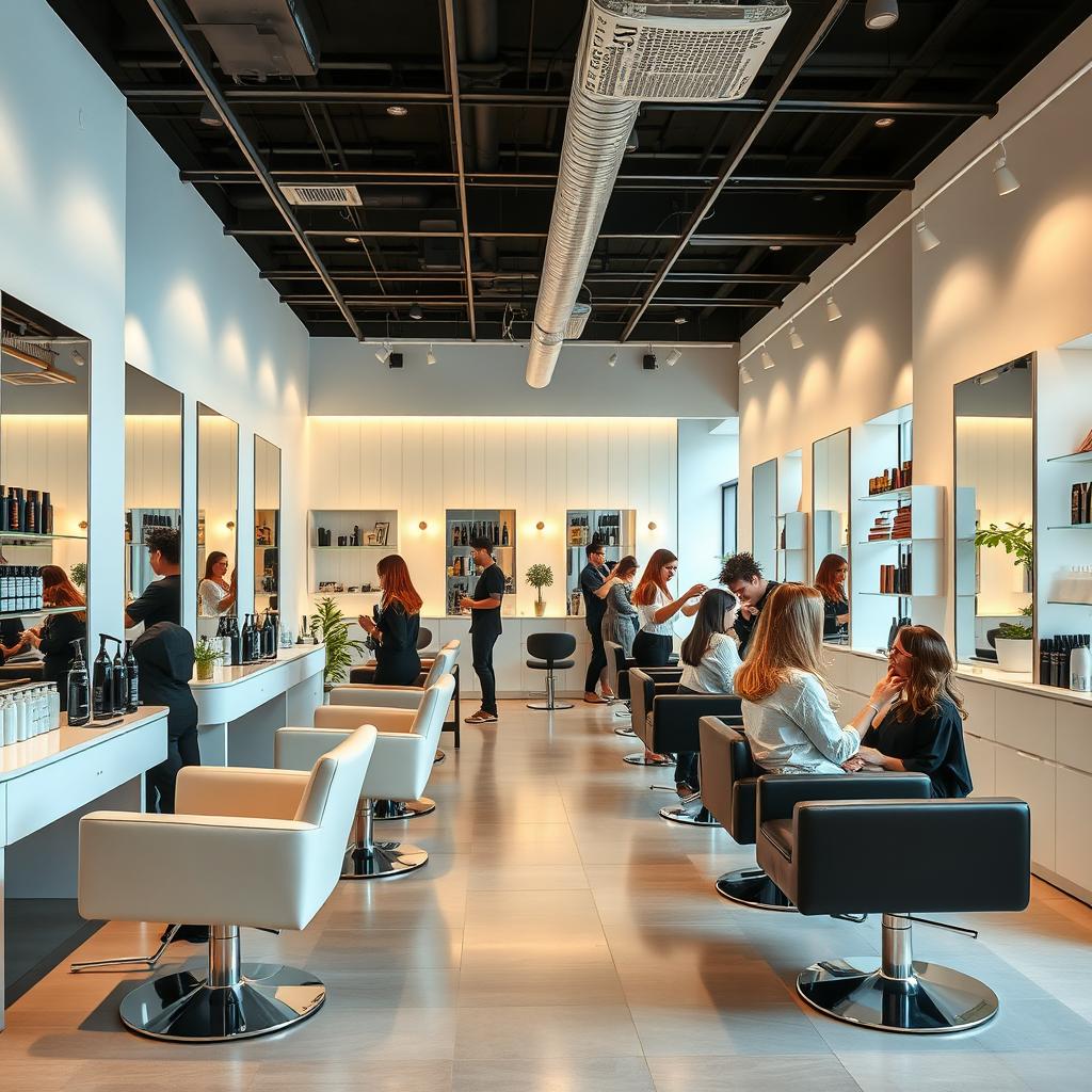 A modern and stylish hair salon interior featuring sleek, minimalist furniture