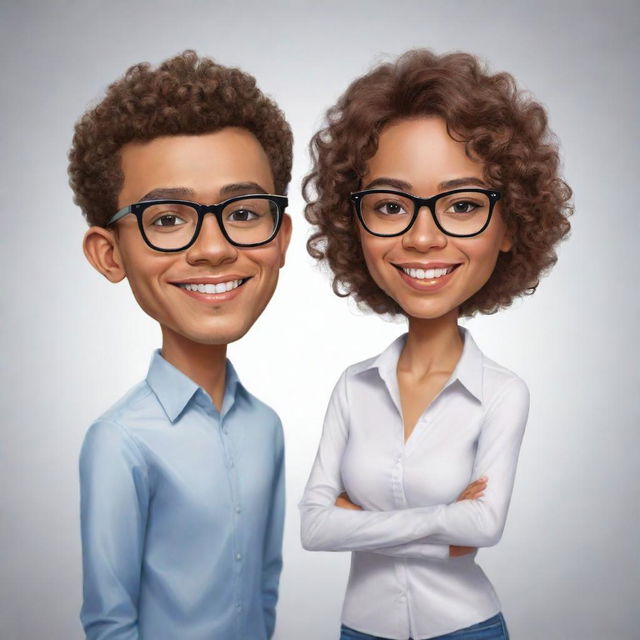 Create a caricature of a couple. A taller boy with short curly hair, glasses, and light brown skin, next to a girl with short wavy hair, glasses, and light white skin. He is Colombian and she is Peruvian.