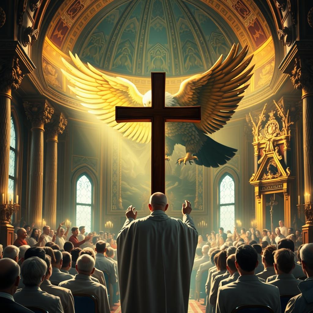 Create a book cover featuring a cross as a symbol of religion, with a priest leading a congregation in prayer inside a richly decorated religious temple