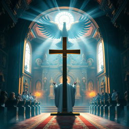 Create a book cover featuring a cross as a symbol of religion, with a priest leading a congregation in prayer inside a richly decorated religious temple