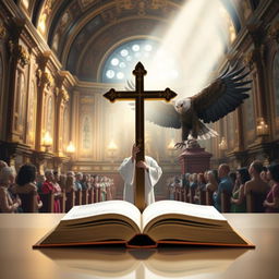 Create a book cover featuring a cross as a symbol of religion, with a priest leading a congregation in prayer inside a richly decorated religious temple