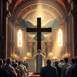 Create a book cover featuring a cross as a symbol of religion, with a priest leading a congregation in prayer inside a richly decorated religious temple