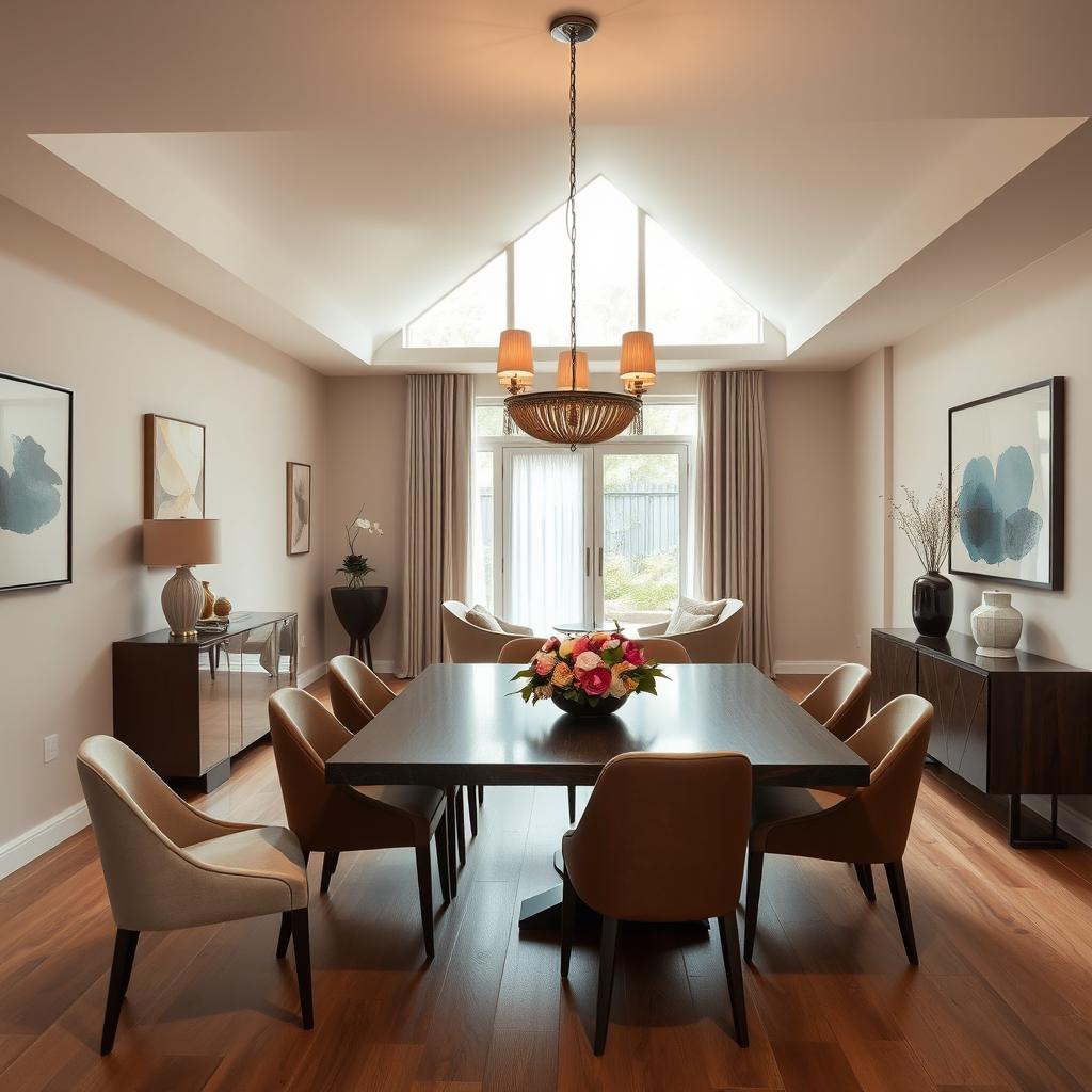 Una sala de comedor elegante y moderna con una mesa de comedor de madera oscura y sillas tapizadas en tonos suavemente contrastantes