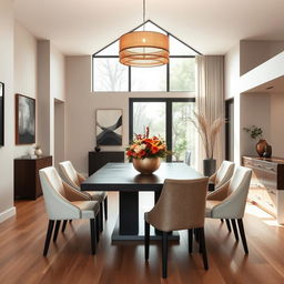 Una sala de comedor elegante y moderna con una mesa de comedor de madera oscura y sillas tapizadas en tonos suavemente contrastantes